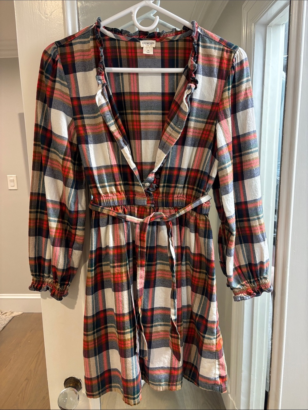 Crewcuts Girls Plaid Tie-Waist Long Sleeve Dress